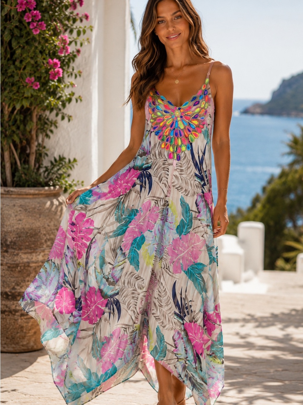 Monaco France Embellished Tropical Maxi Dress Handkerchief Hem Size Medium